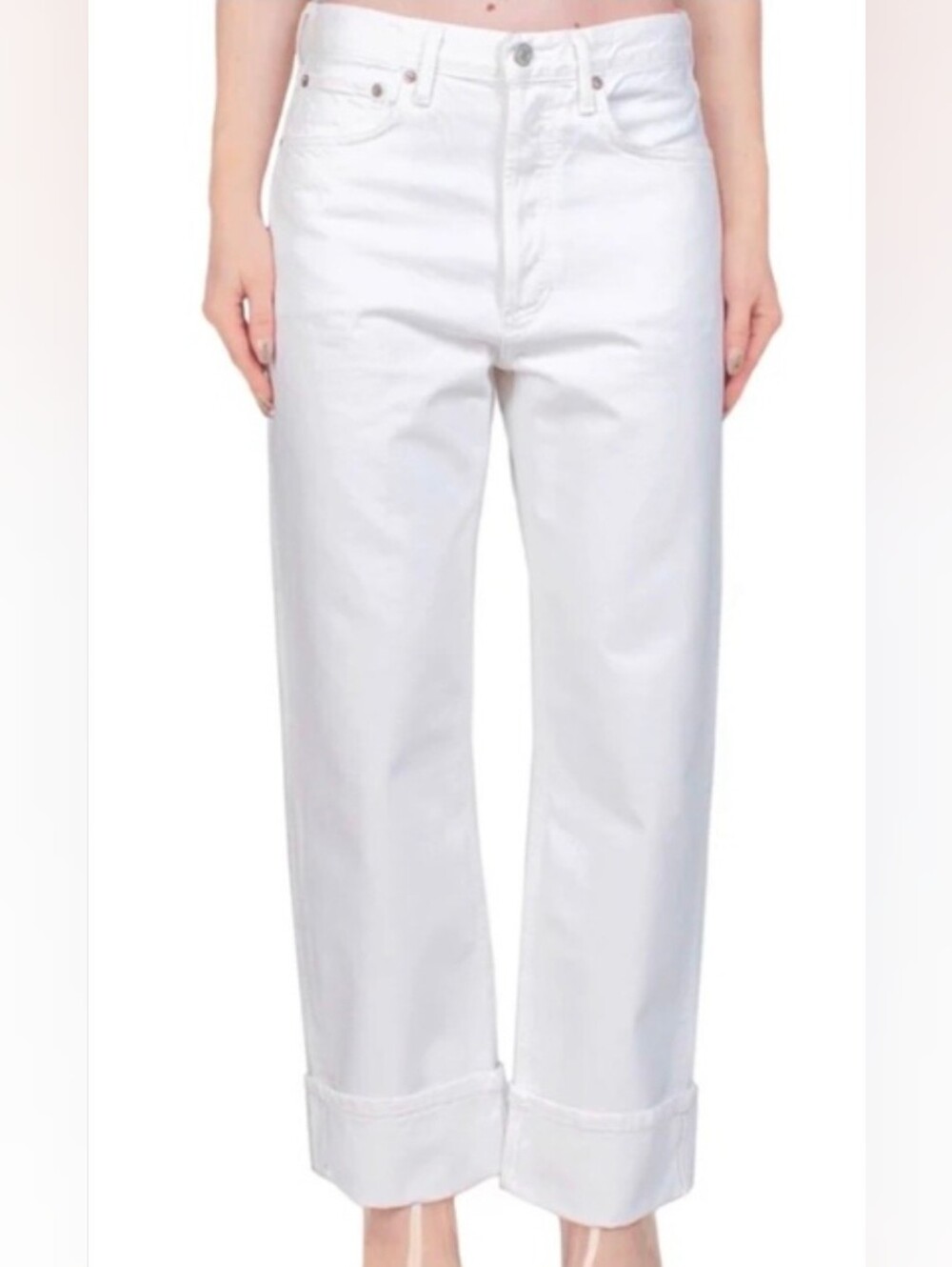 AGOLDE Fran Milkshake White Low Slung Boyfriend Straight Cuffed Jeans, 30